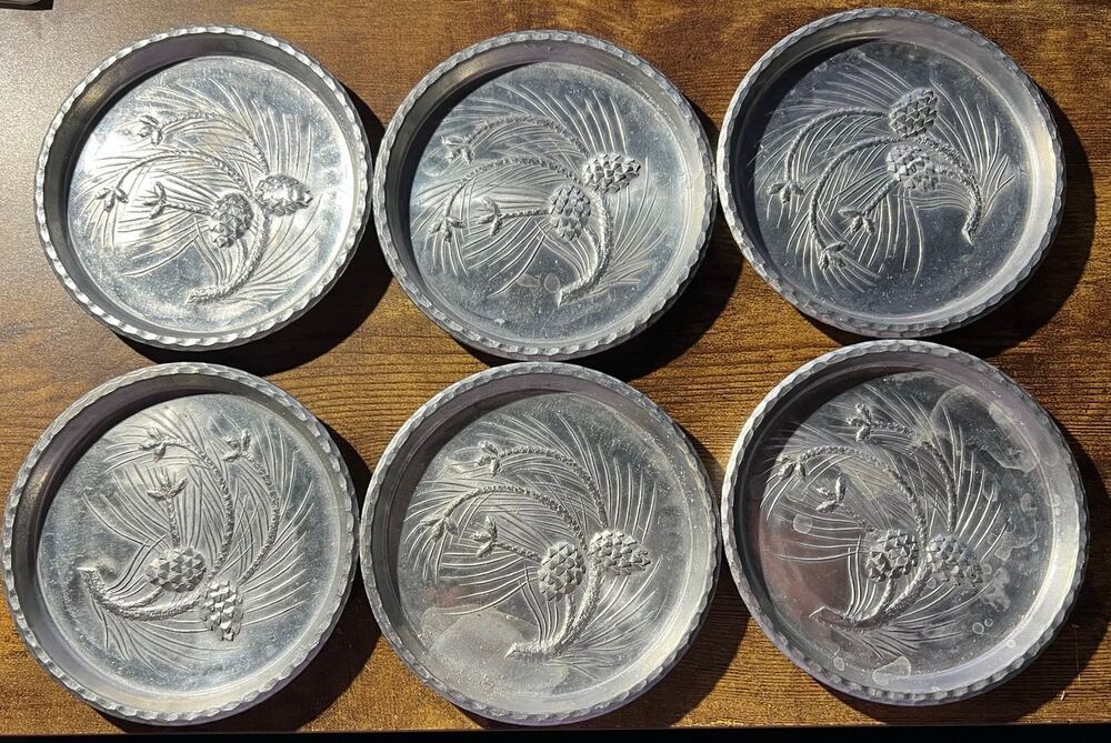 6 Vintage Hand Forged Everlast Hammered Metal Coasters Pine Cones and Branches
